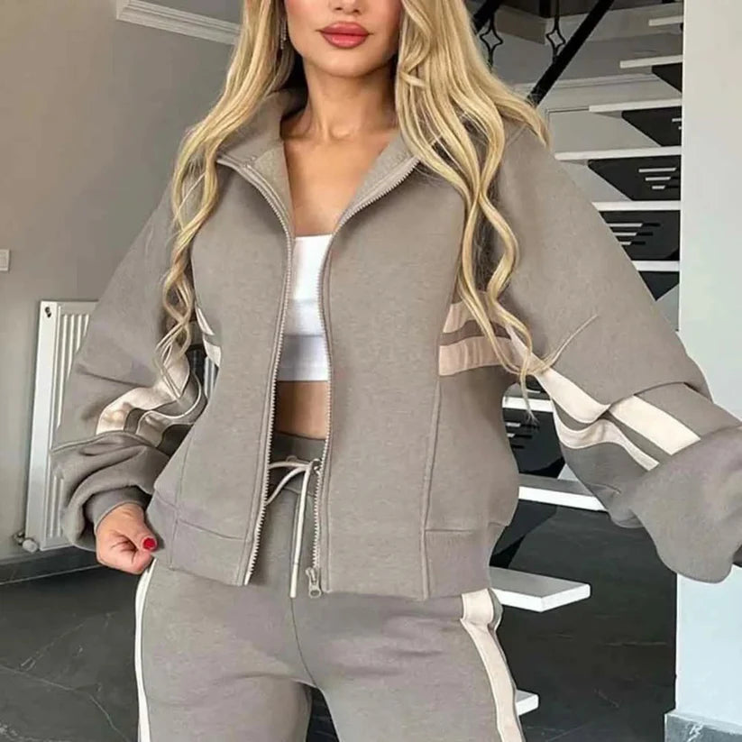 Women's Striped Zipper Jacket & Casual Pants 2-Piece Set
