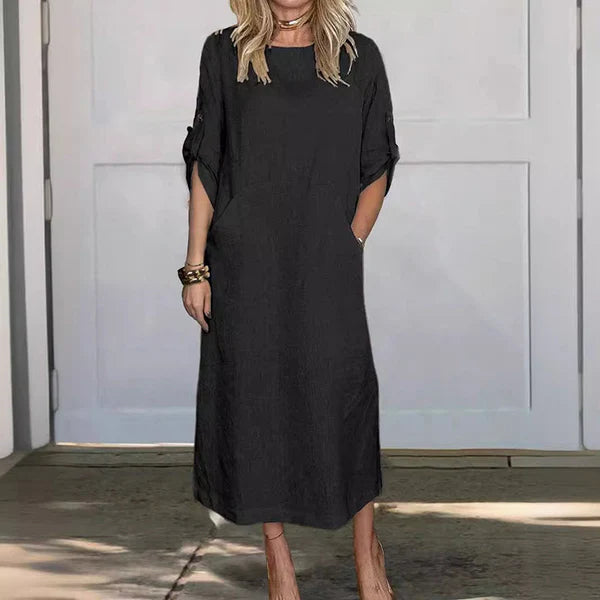 Women's Comfortable Solid Color Linen Pocket Dress