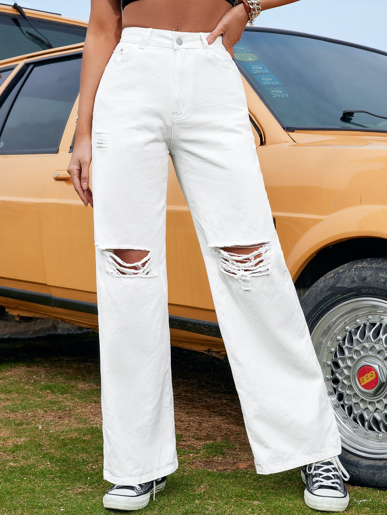 High Waisted Loose Double Knee Ripped Jeans Raw Edge Straight Trousers