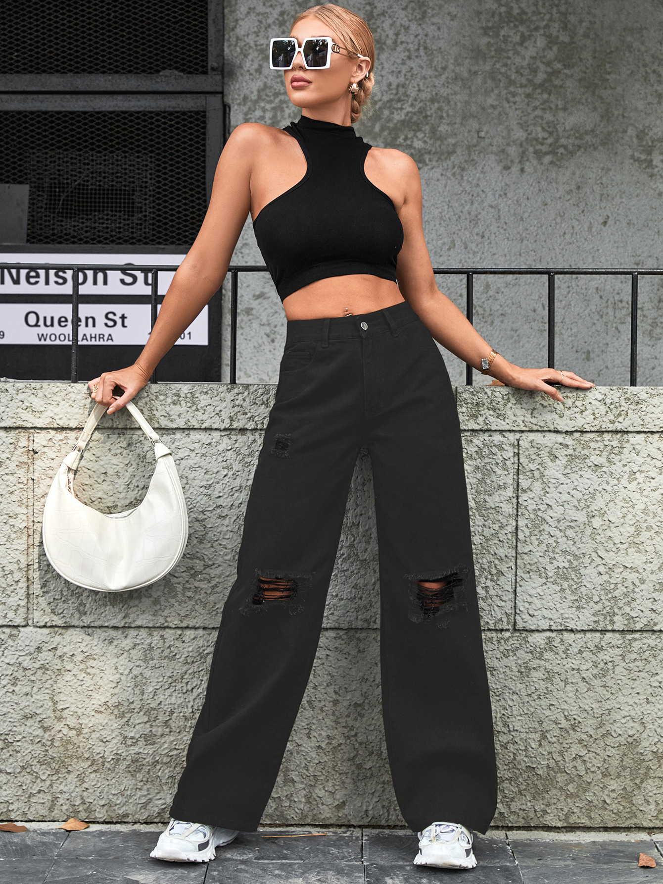 High Waisted Loose Double Knee Ripped Jeans Raw Edge Straight Trousers
