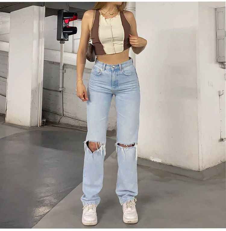 High Waisted Loose Double Knee Ripped Jeans Raw Edge Straight Trousers