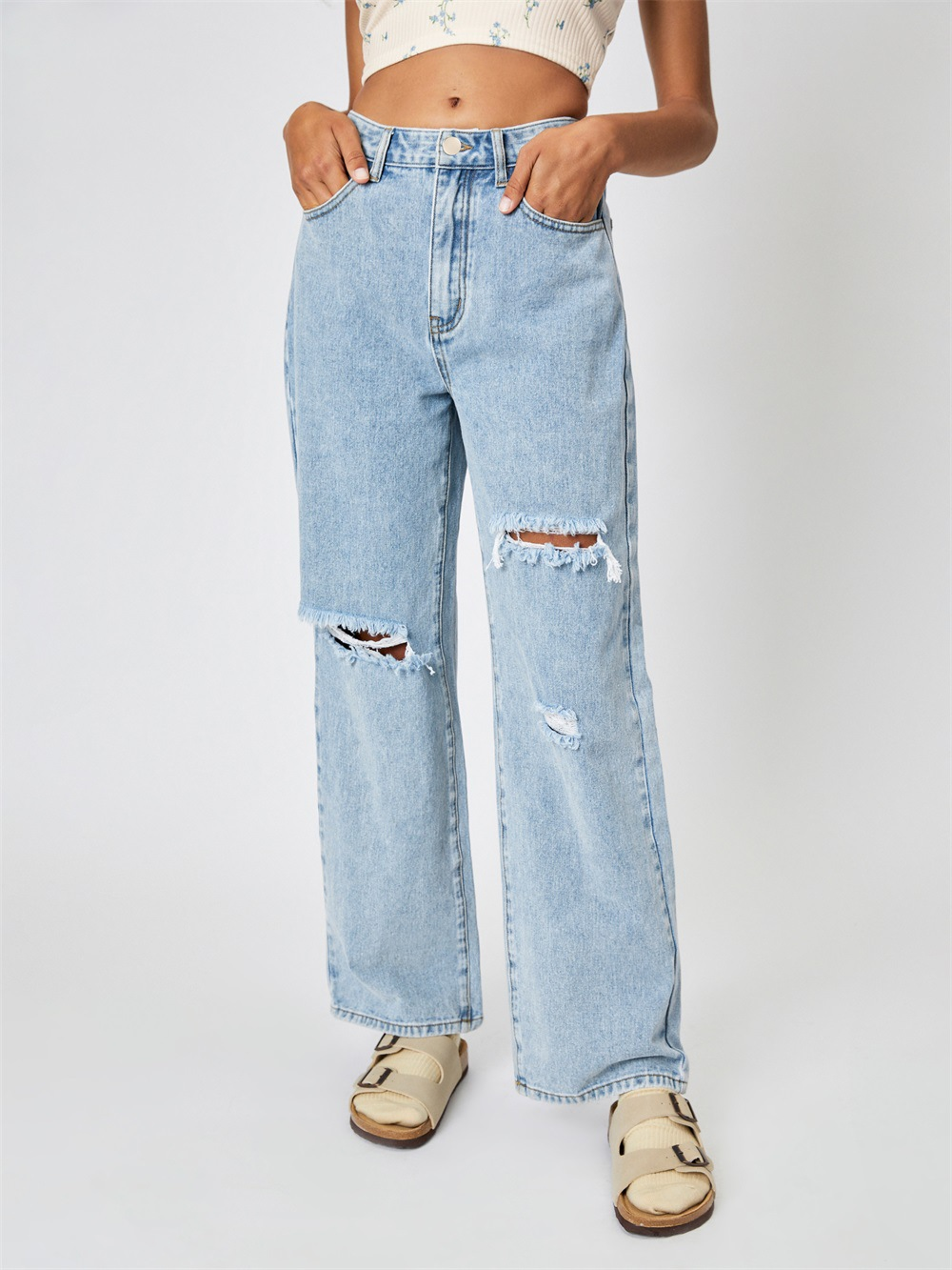 High Waisted Loose Double Knee Ripped Jeans Raw Edge Straight Trousers