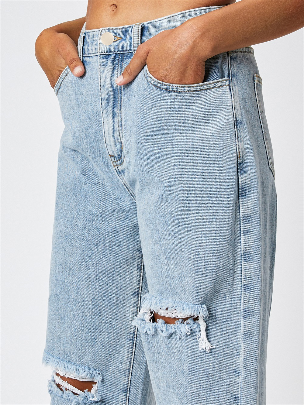 High Waisted Loose Double Knee Ripped Jeans Raw Edge Straight Trousers