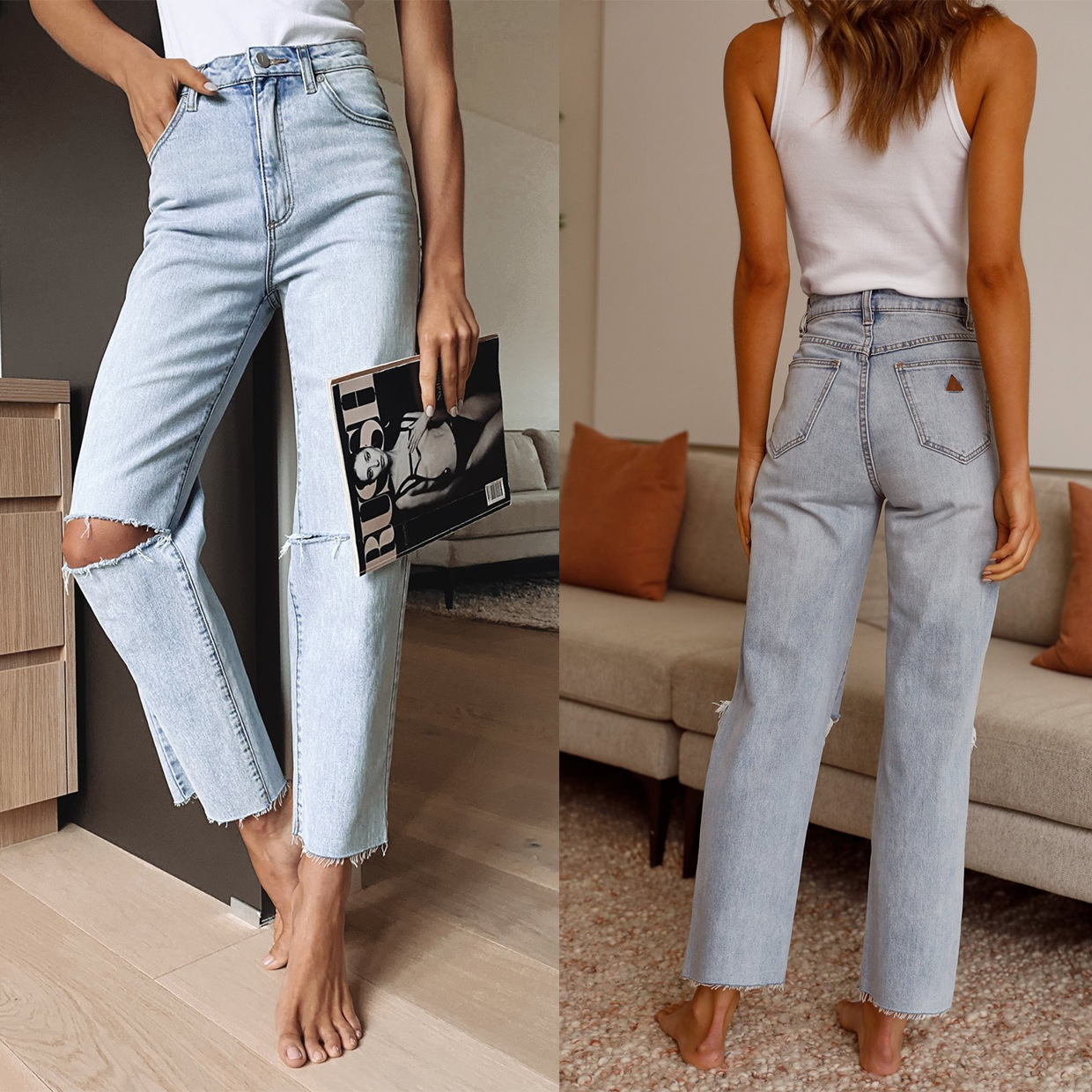 High Waisted Loose Double Knee Ripped Jeans Raw Edge Straight Trousers