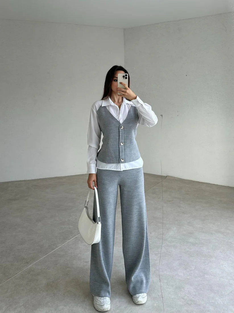 Female two-piece set of faux shirt, waistcoat and trousers