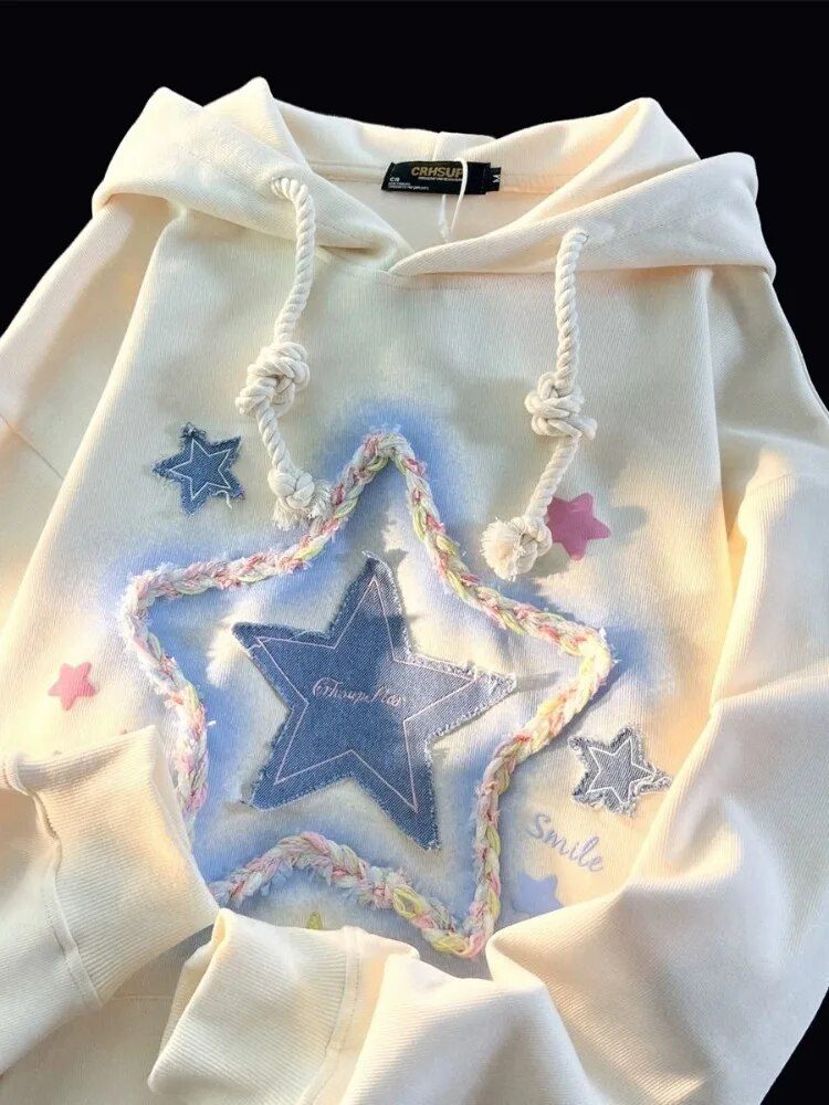 Womens Oversized Hoodies Denim Star Applique Embroidery Hoodie Streetwear Unisex Sweatshirts Pullover with Pocket