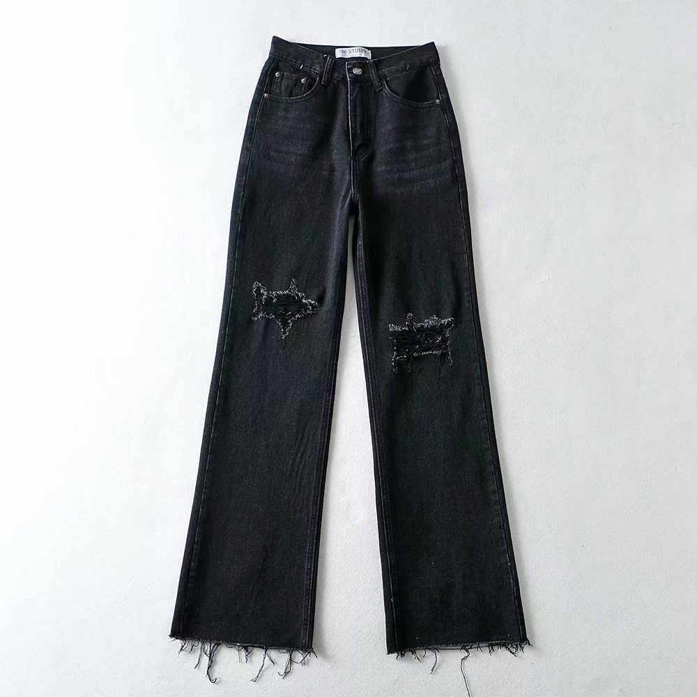 High Waisted Loose Double Knee Ripped Jeans Raw Edge Straight Trousers