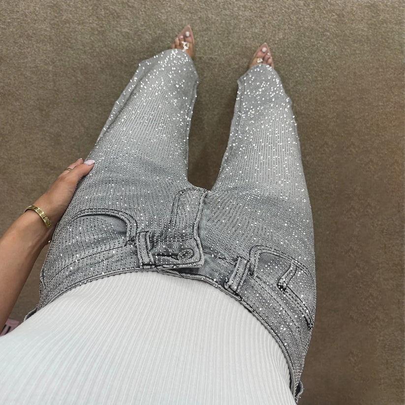Sparkle Diamond Straight-Leg Mid-Rise Denim Jeans