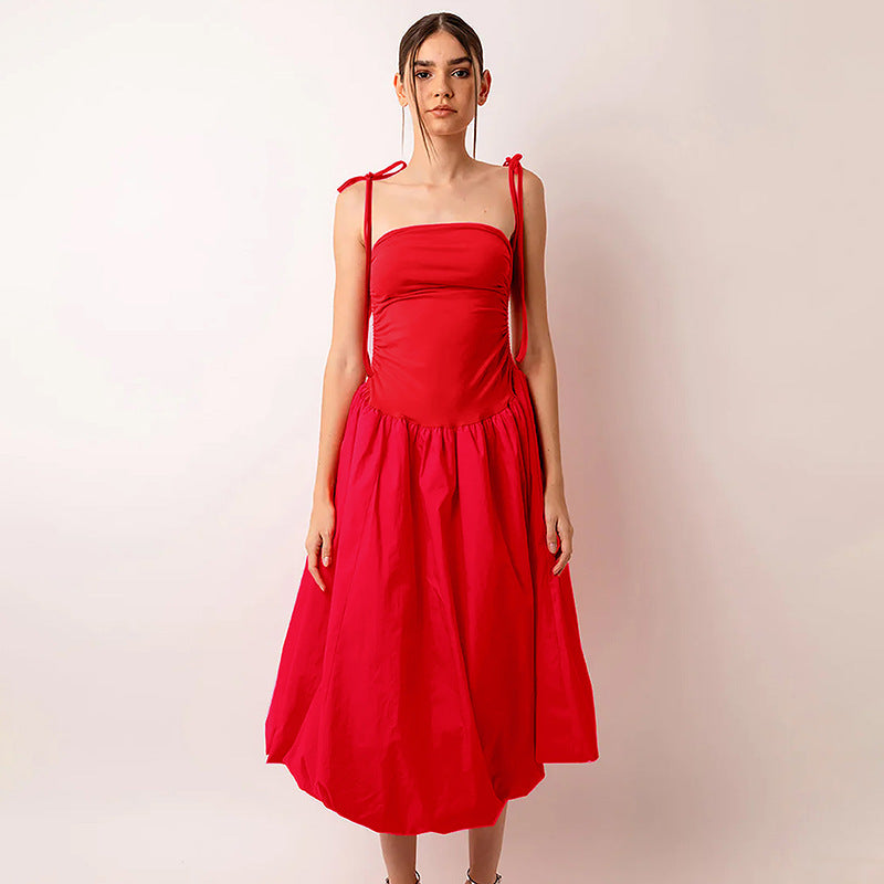 Halter Neck Backless Strappy Gathered Patchwork Midi Dress