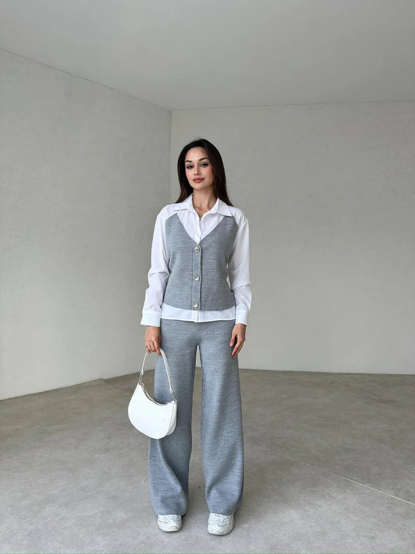 Female two-piece set of faux shirt, waistcoat and trousers