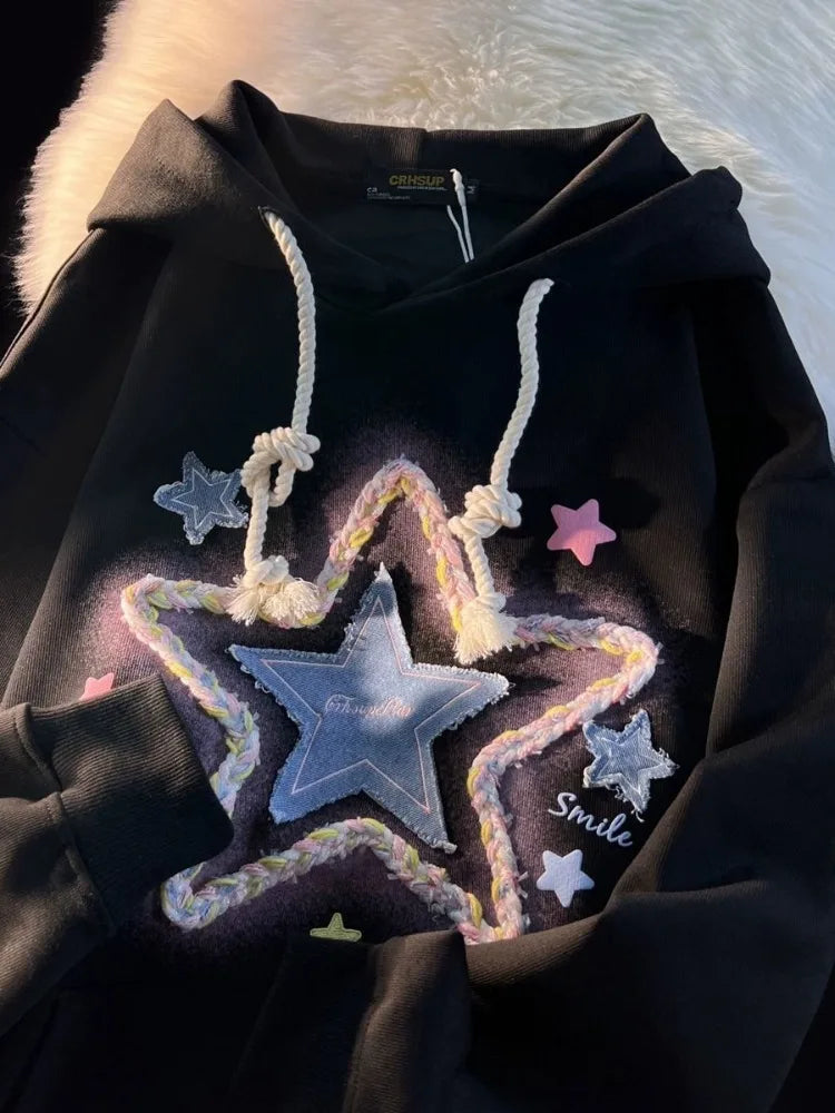 Womens Oversized Hoodies Denim Star Applique Embroidery Hoodie Streetwear Unisex Sweatshirts Pullover with Pocket