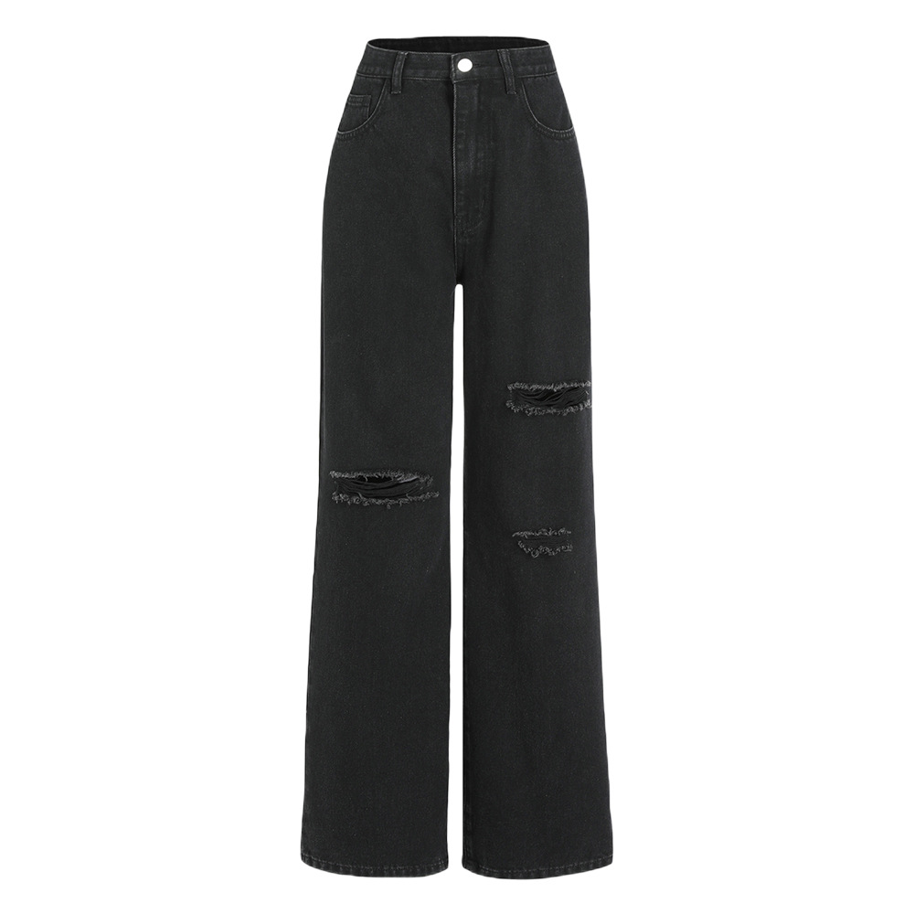 High Waisted Loose Double Knee Ripped Jeans Raw Edge Straight Trousers