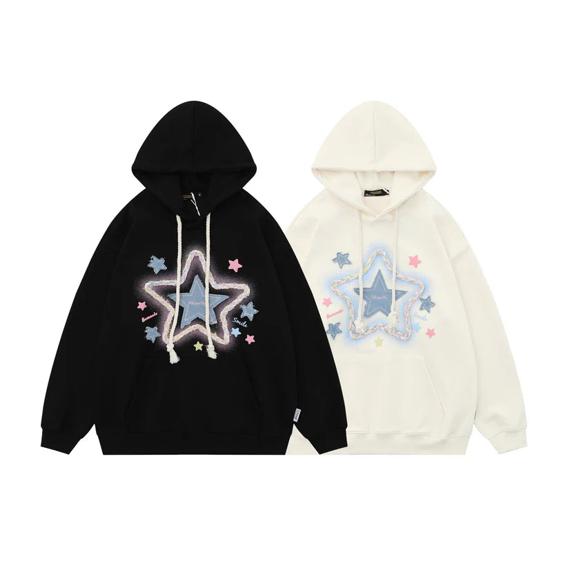 Womens Oversized Hoodies Denim Star Applique Embroidery Hoodie Streetwear Unisex Sweatshirts Pullover with Pocket