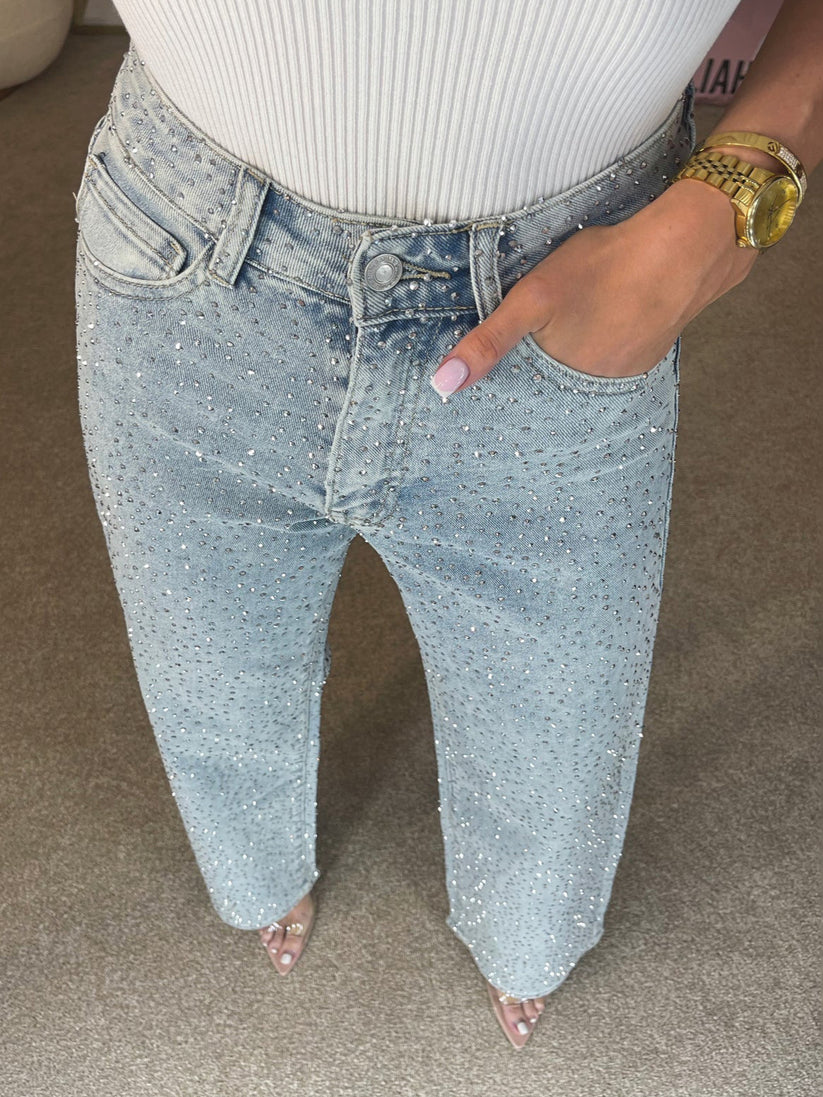Sparkle Diamond Straight-Leg Mid-Rise Denim Jeans
