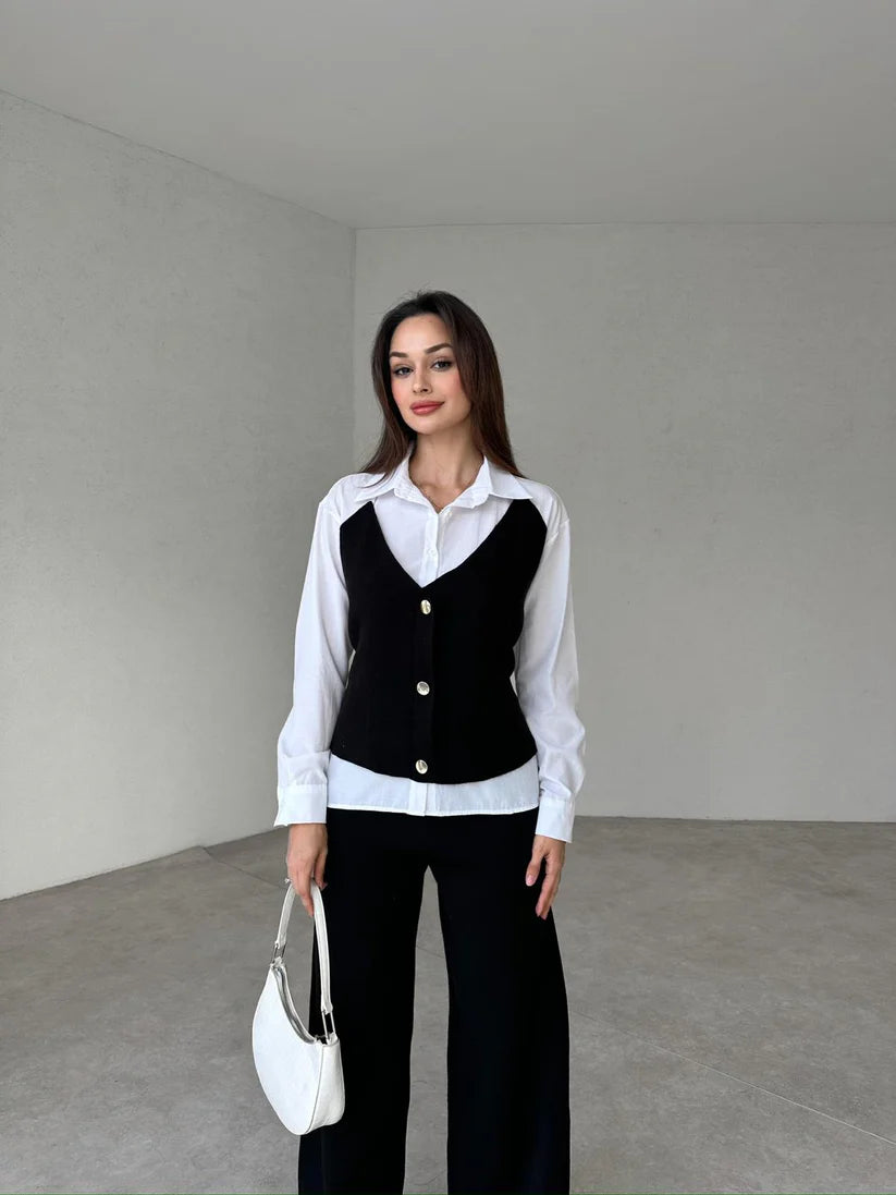 Female two-piece set of faux shirt, waistcoat and trousers