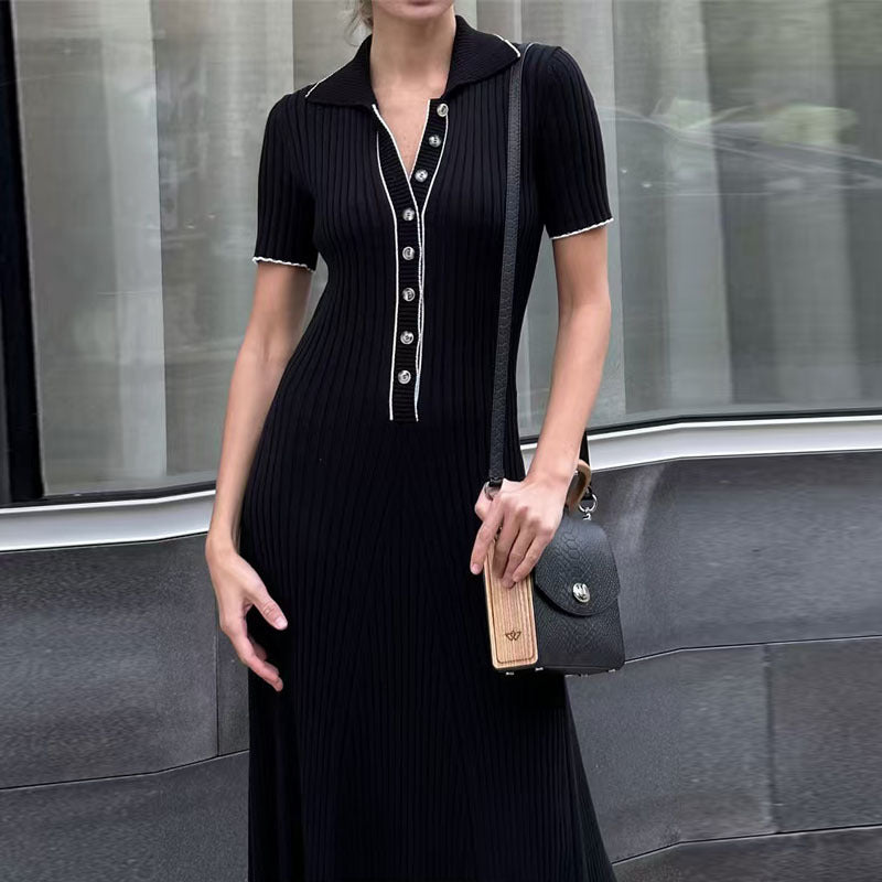 Elegant V-Neck Patchwork Knit Long Dress