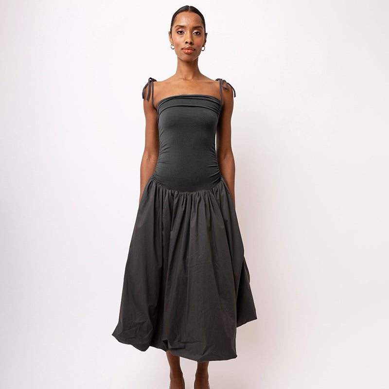 Halter Neck Backless Strappy Gathered Patchwork Midi Dress