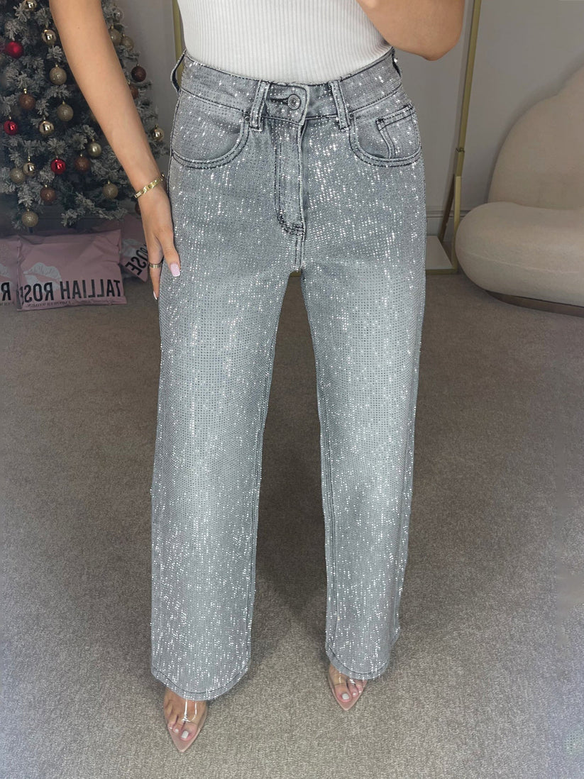 Sparkle Diamond Straight-Leg Mid-Rise Denim Jeans