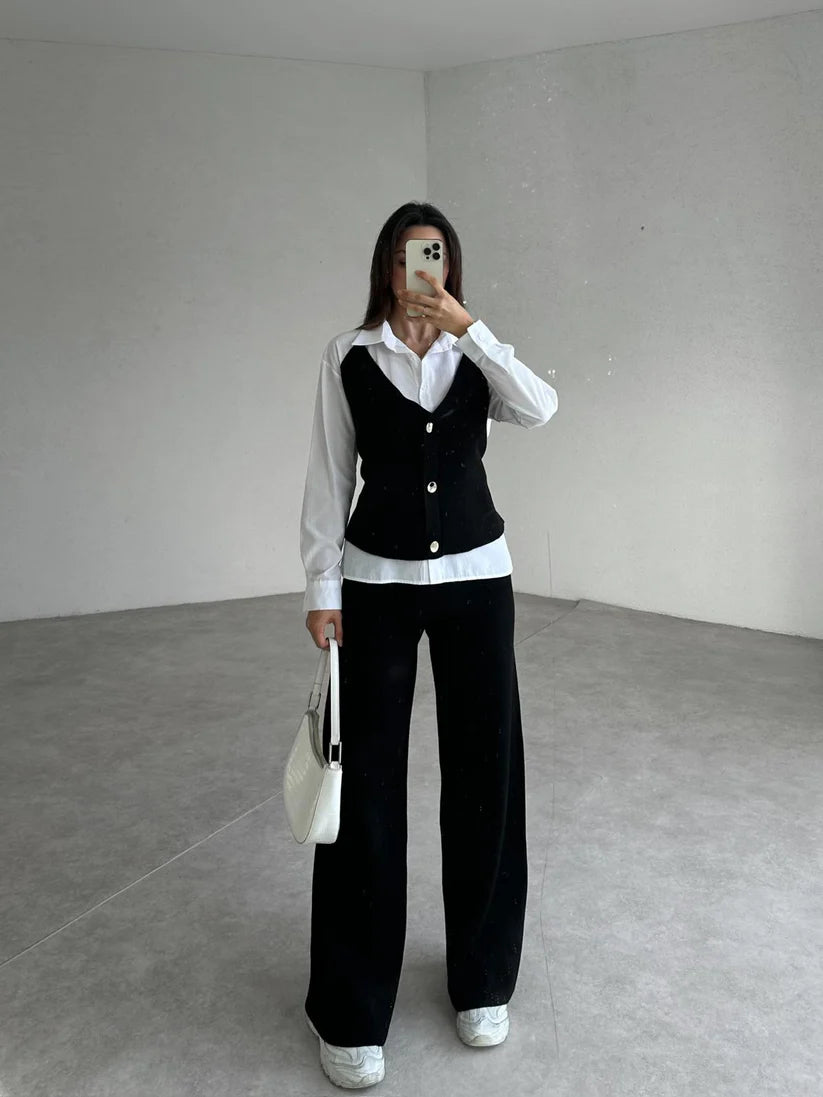 Female two-piece set of faux shirt, waistcoat and trousers