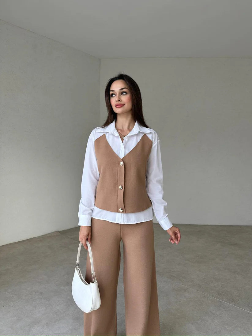Female two-piece set of faux shirt, waistcoat and trousers