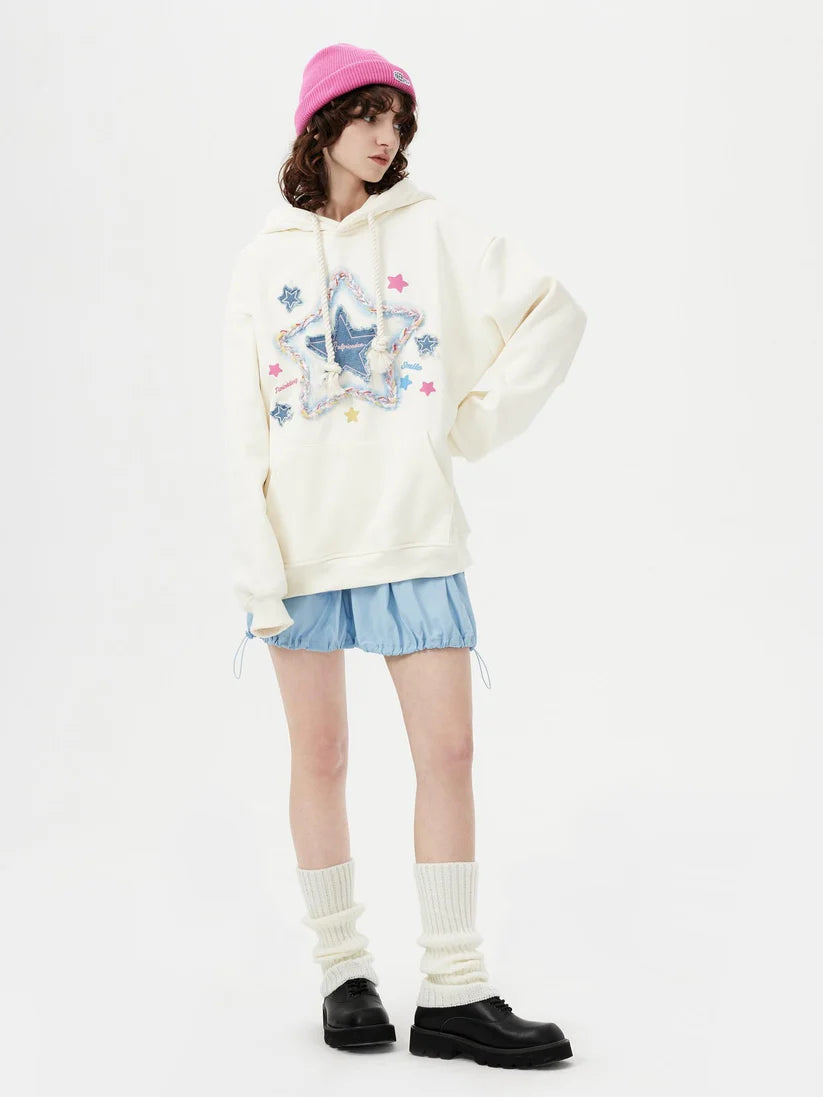 Womens Oversized Hoodies Denim Star Applique Embroidery Hoodie Streetwear Unisex Sweatshirts Pullover with Pocket