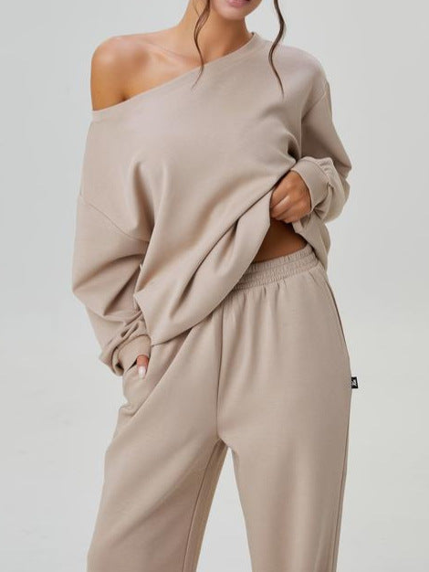 Women's Leisure Two Piece Outfits - Cozy Scoop Neck Sloping Shoulder Top & Wide Leg Trousers