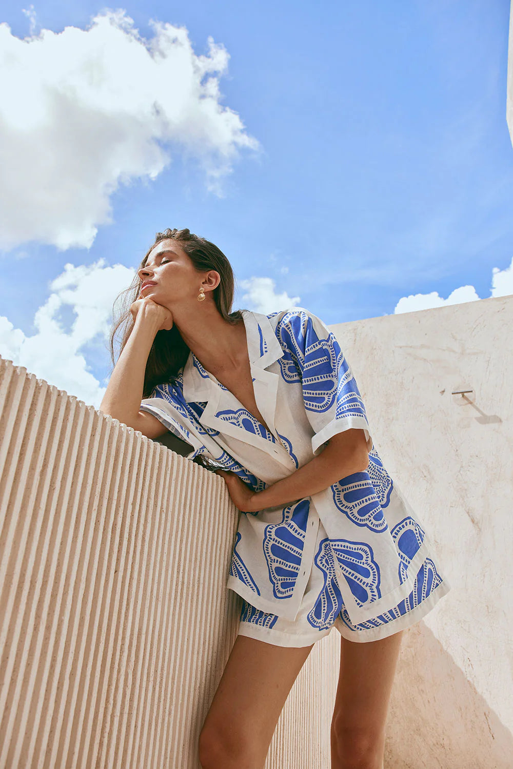 V Neck Short Sleeves Shirt and Drawstring Waist Shorts Seashell Print Set