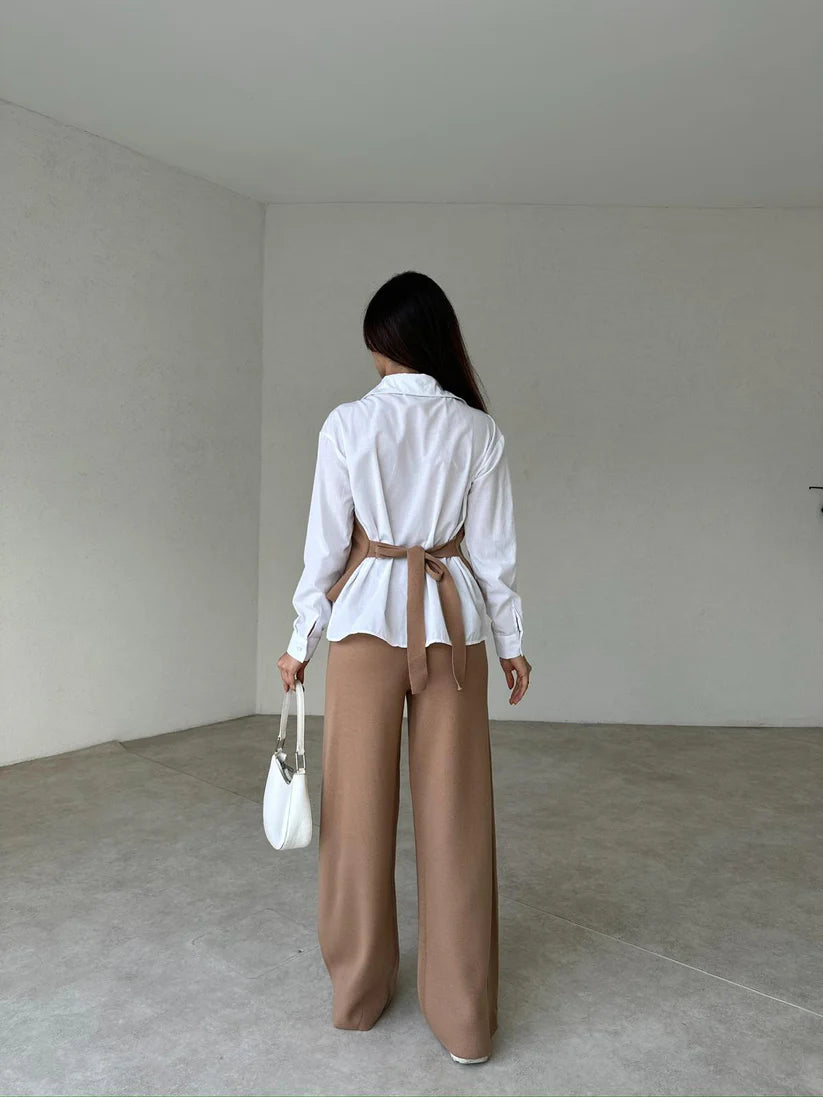 Female two-piece set of faux shirt, waistcoat and trousers