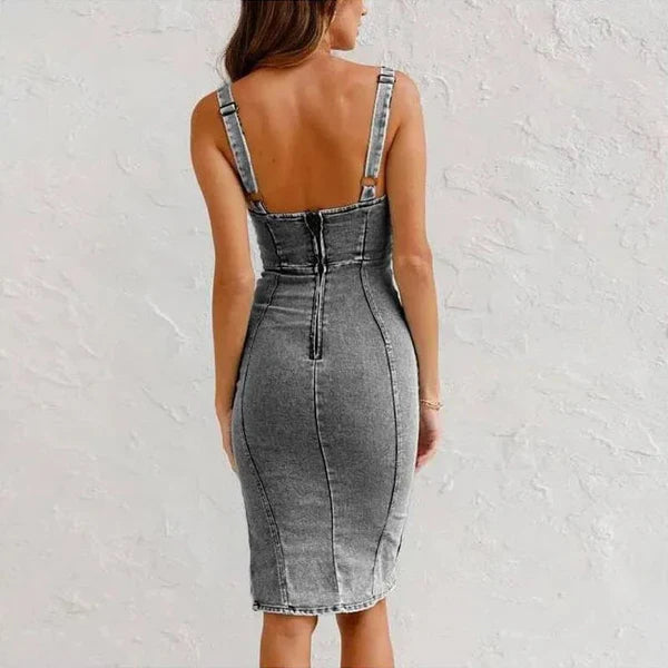 🍹Hot Sales☀️Adjustable strap U-neck split denim bodycon cami dress
