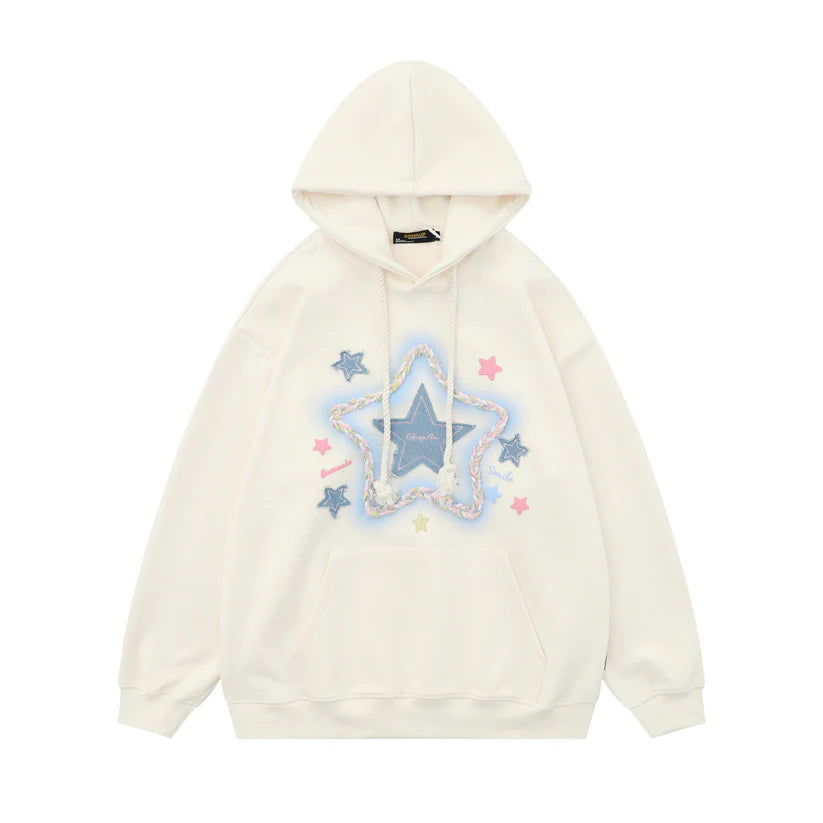 Womens Oversized Hoodies Denim Star Applique Embroidery Hoodie Streetwear Unisex Sweatshirts Pullover with Pocket