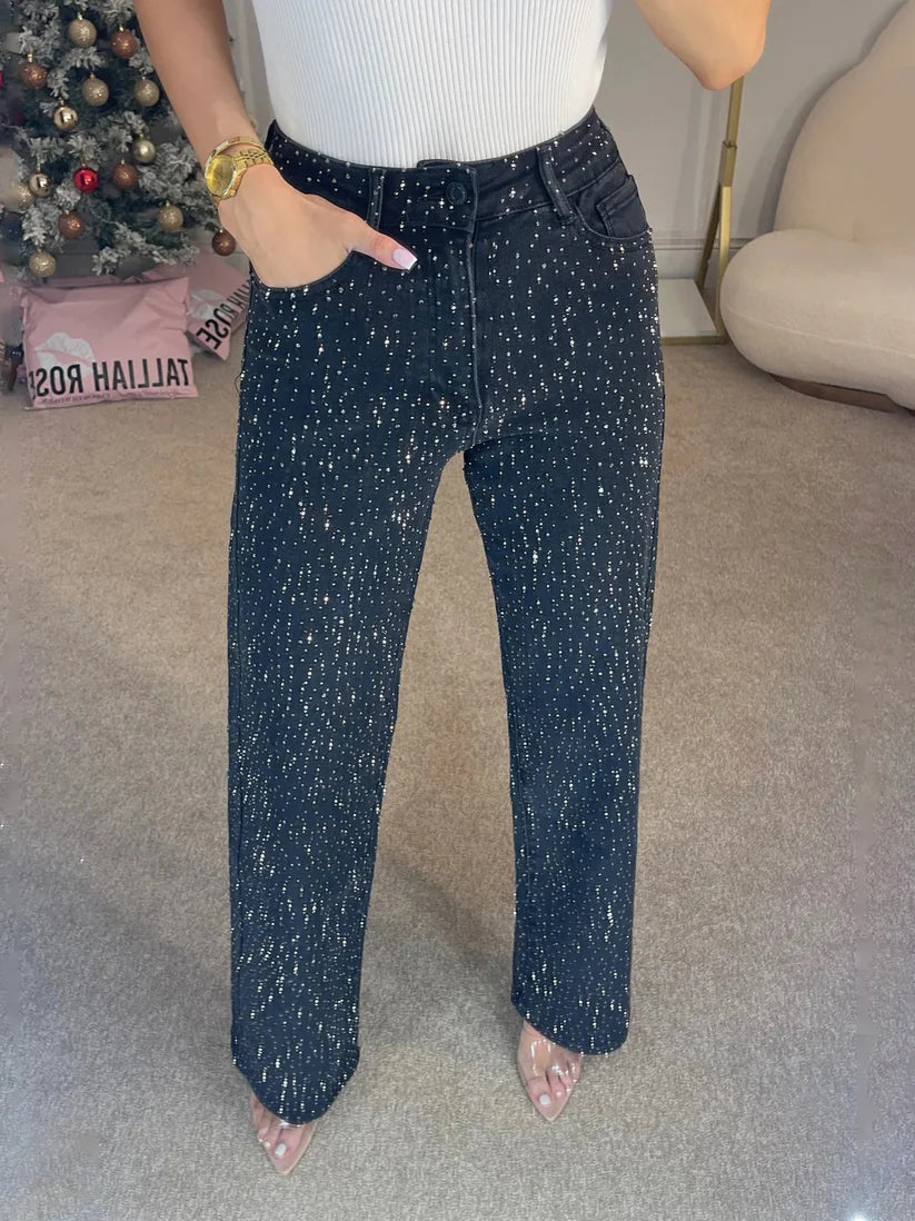 Sparkle Diamond Straight-Leg Mid-Rise Denim Jeans
