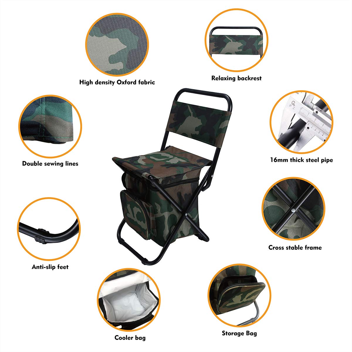 LEADALLWAY Fishing Chair with Cooler Bag Compact Fishing Stool Foldable Camping Chair