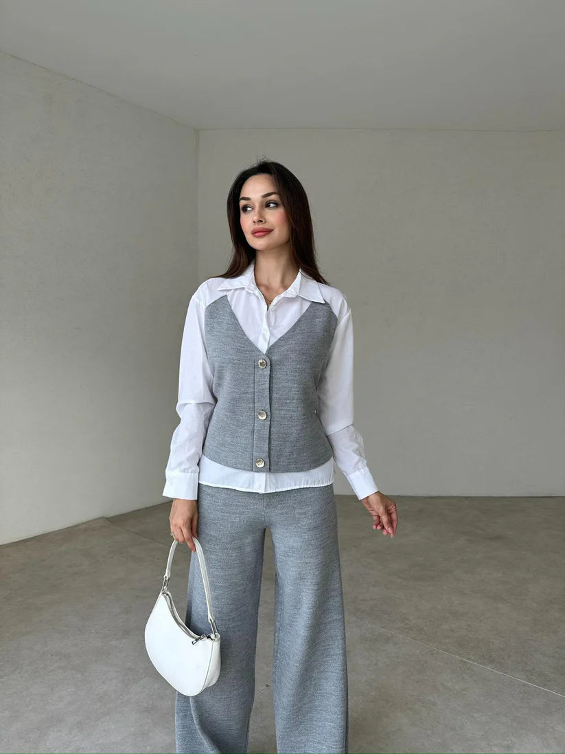 Female two-piece set of faux shirt, waistcoat and trousers