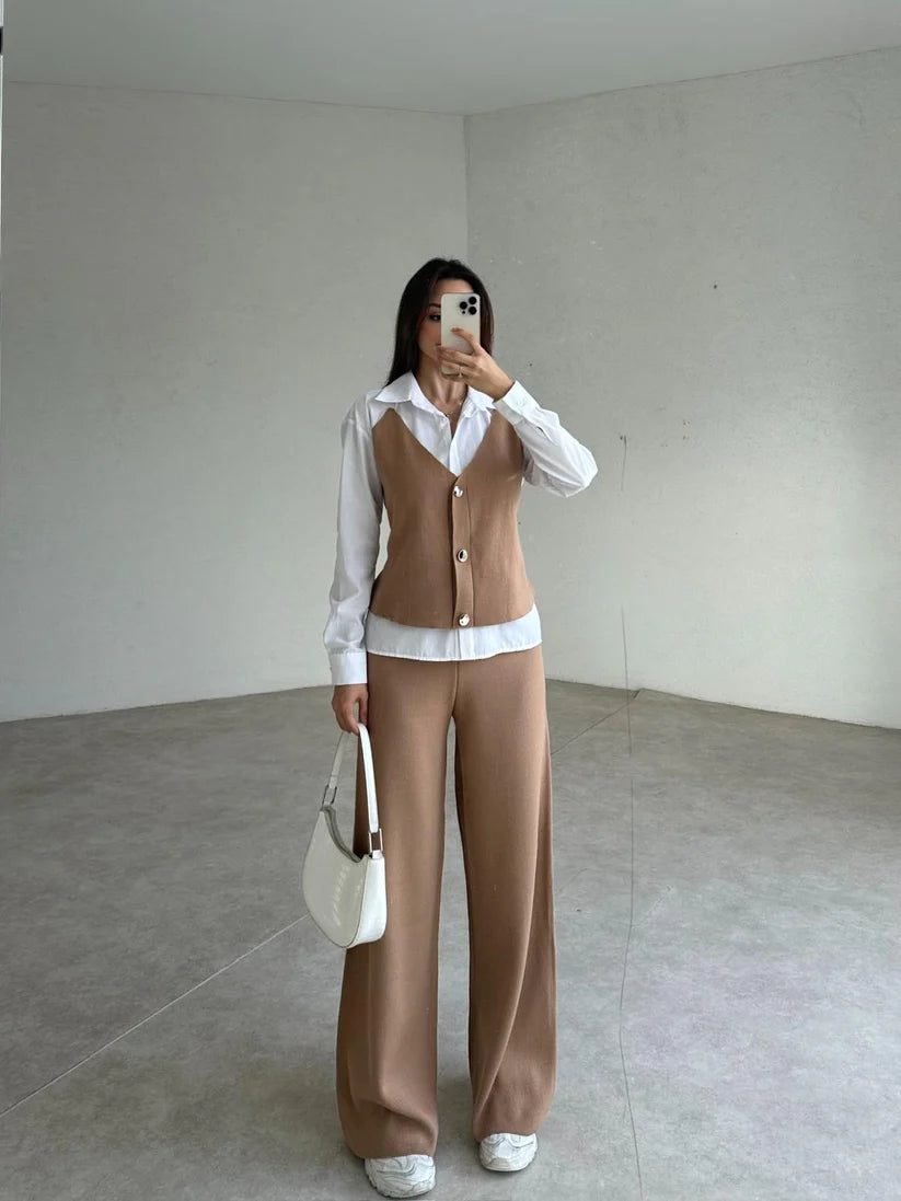 Female two-piece set of faux shirt, waistcoat and trousers