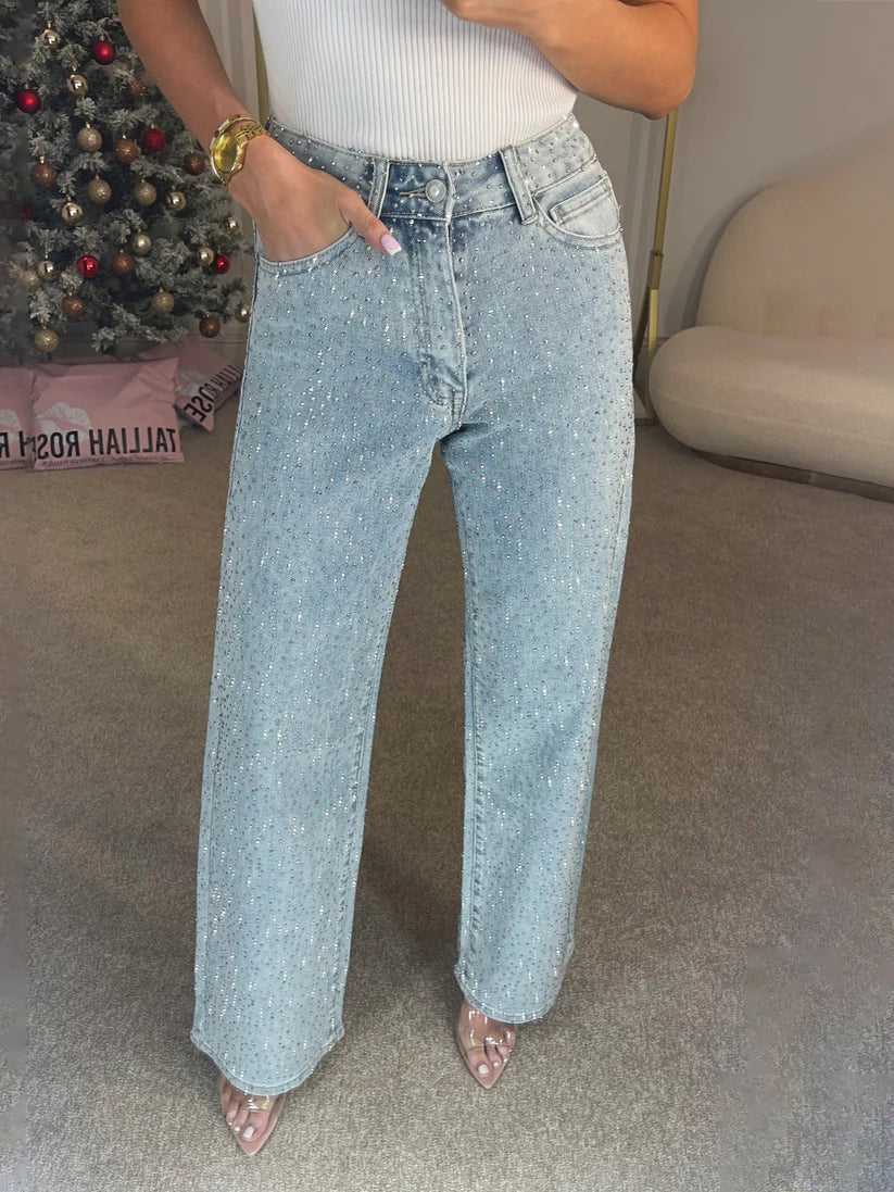 Sparkle Diamond Straight-Leg Mid-Rise Denim Jeans