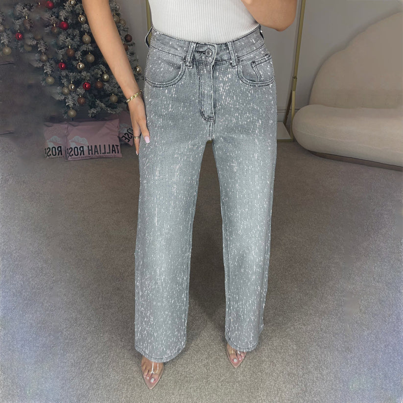 Sparkle Diamond Straight-Leg Mid-Rise Denim Jeans