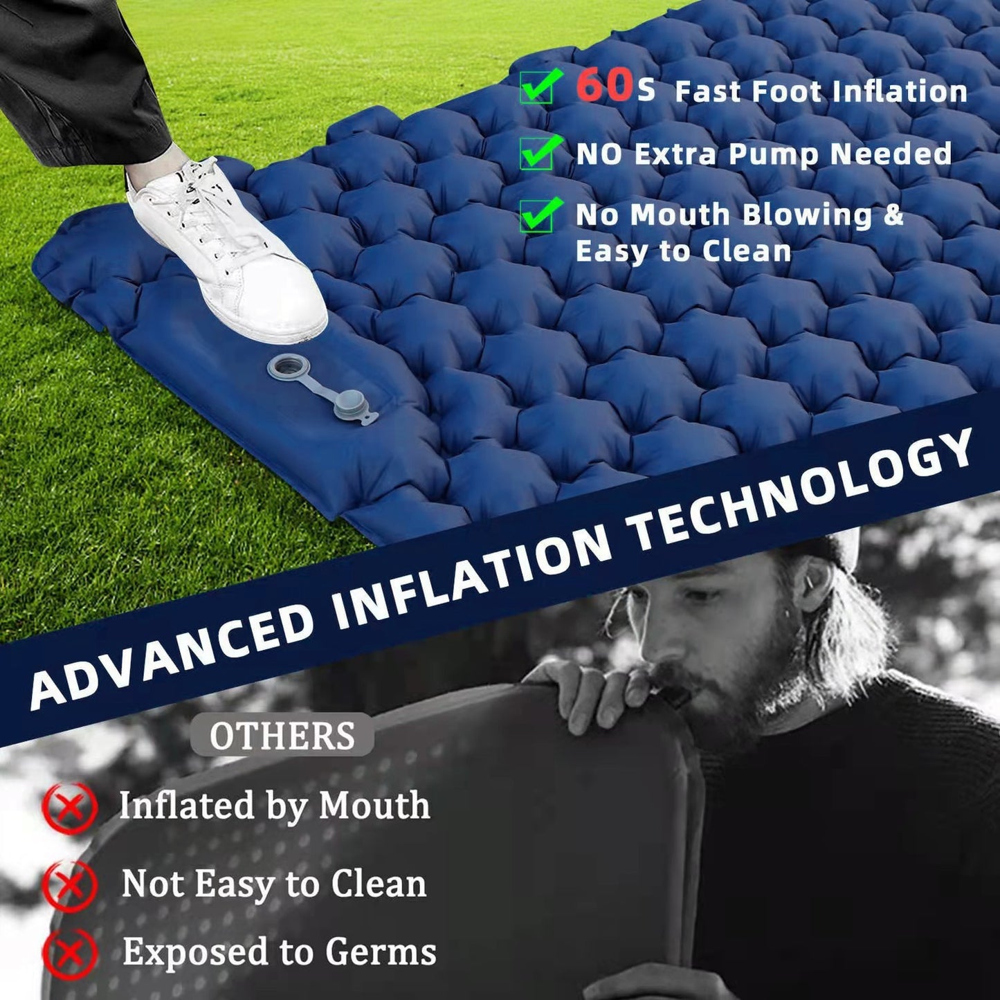 Inflatable Mattress 2 Person Camping Mat with Air Pillow Portable Air Mattress Waterproof Backpacking Sleeping Pad