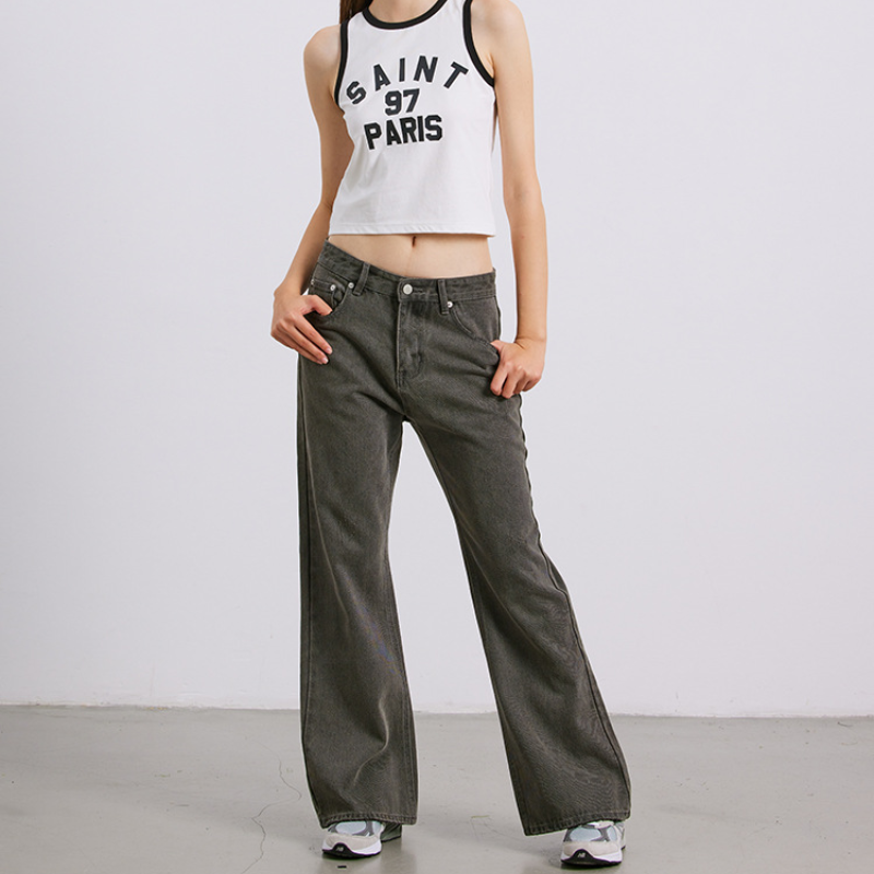 Micro flare washed mid-rise distressed straight leg causal pant jeans