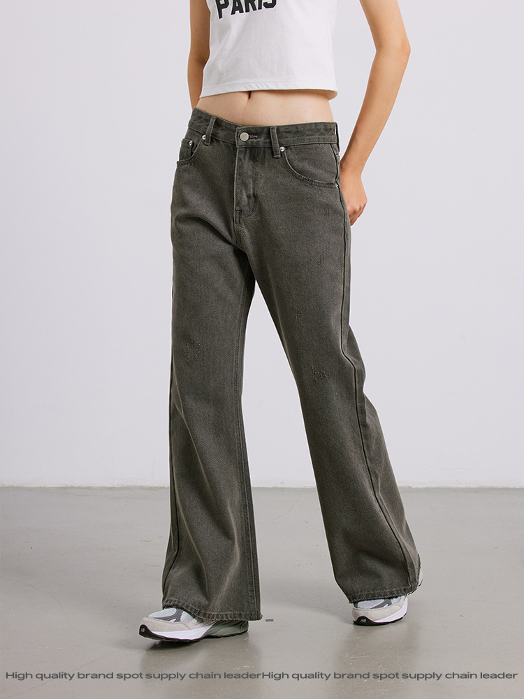 Micro flare washed mid-rise distressed straight leg causal pant jeans
