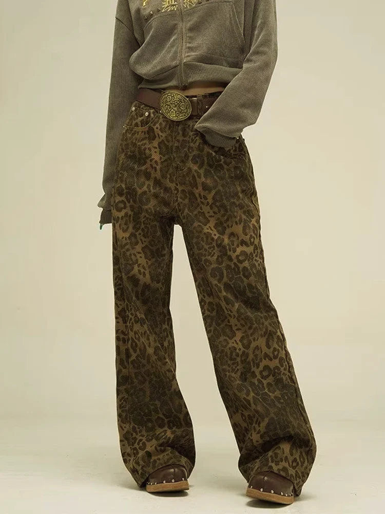 Vintage Leopard Print Straight Leg Casual Pants