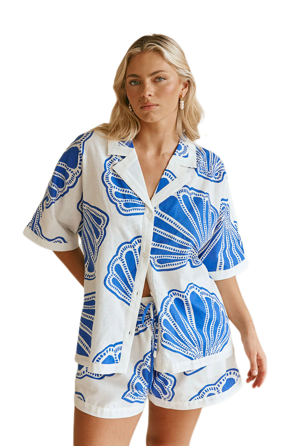 V Neck Short Sleeves Shirt and Drawstring Waist Shorts Seashell Print Set