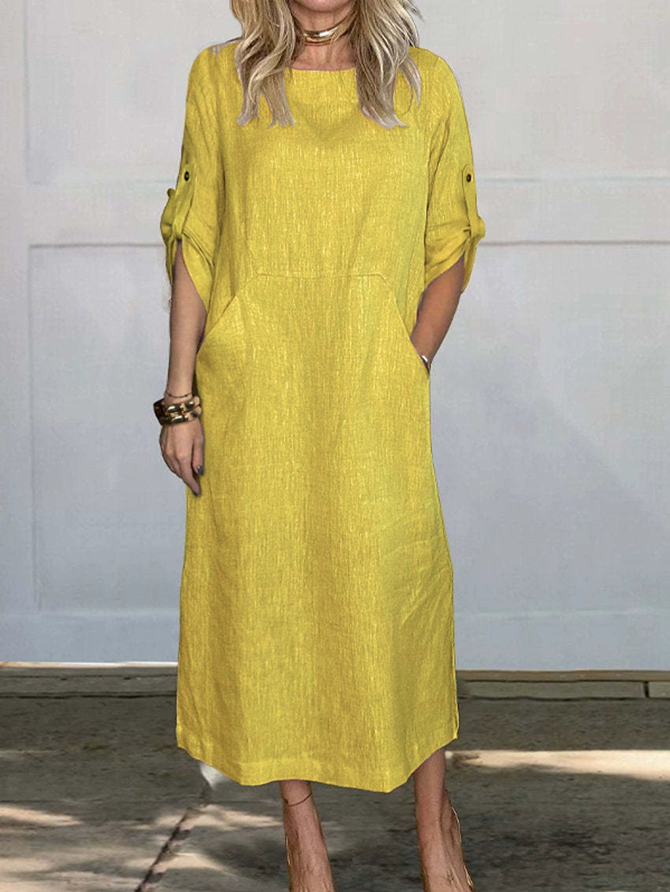 Women's Comfortable Solid Color Linen Pocket Dress