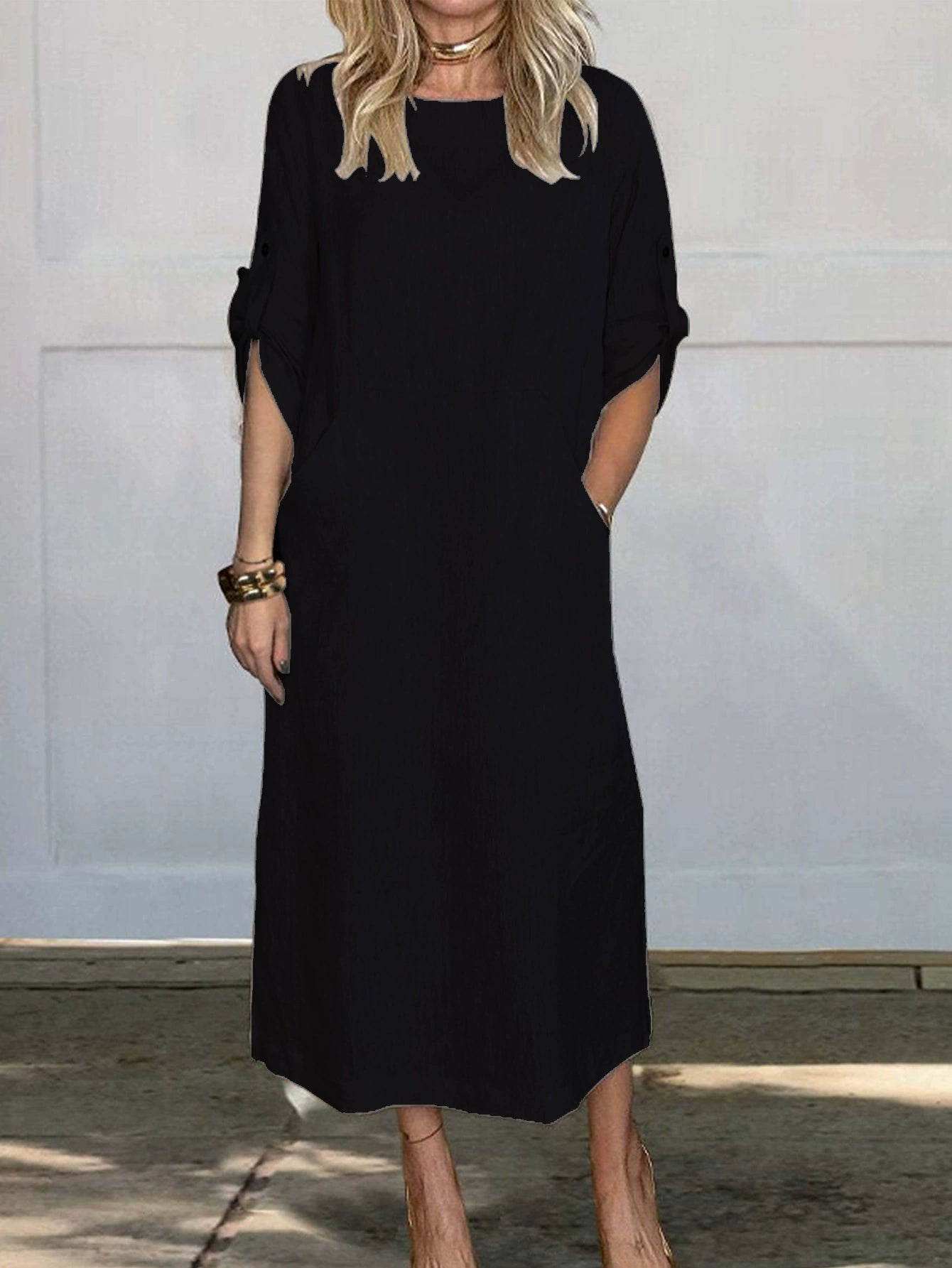 Women's Comfortable Solid Color Linen Pocket Dress