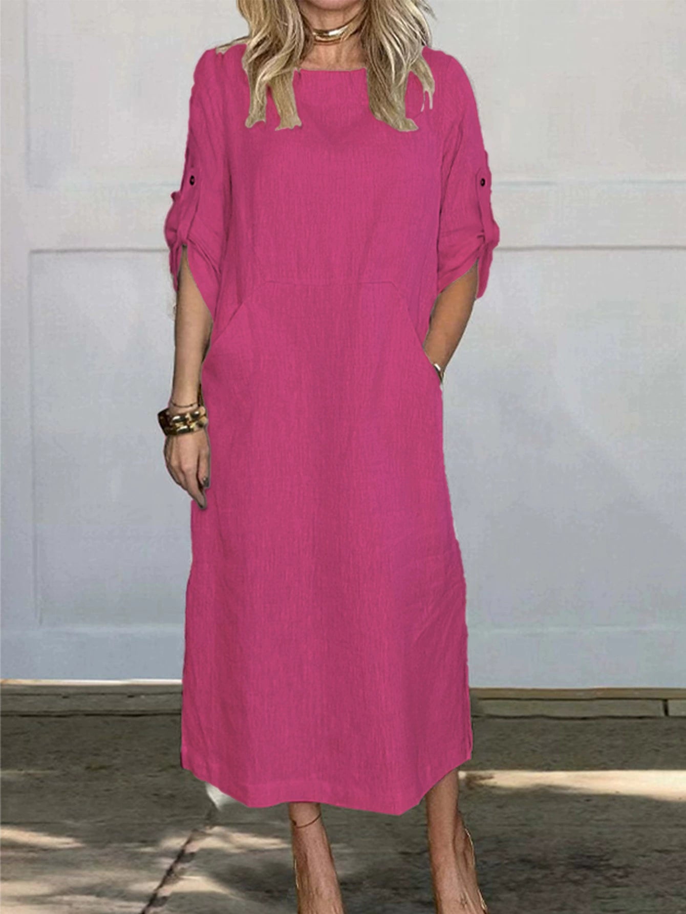 Women's Comfortable Solid Color Linen Pocket Dress