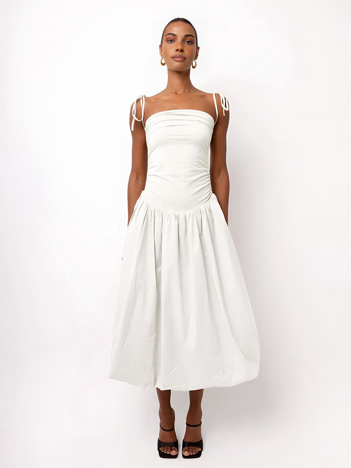 Halter Neck Backless Strappy Gathered Patchwork Midi Dress