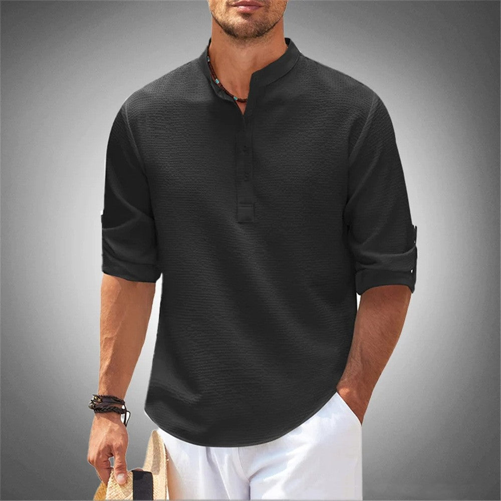 Long Sleeve Standing Collar Open Button Down Plaid Men's Shirt