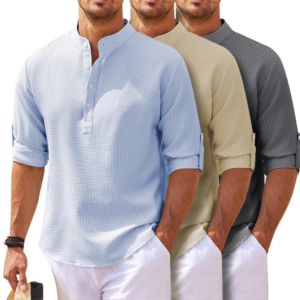 Long Sleeve Standing Collar Open Button Down Plaid Men's Shirt