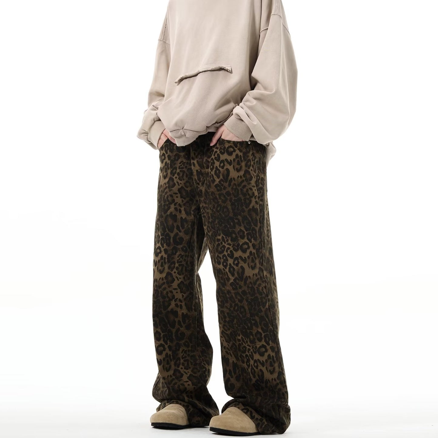 Vintage Leopard Print Straight Leg Casual Pants