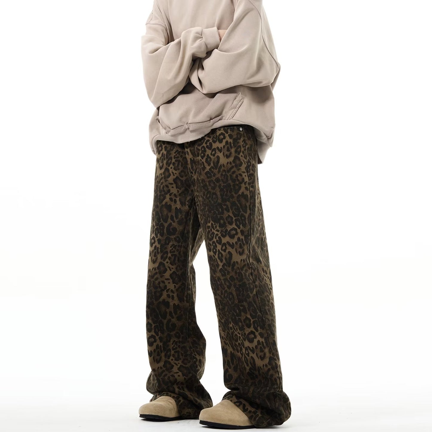 Vintage Leopard Print Straight Leg Casual Pants