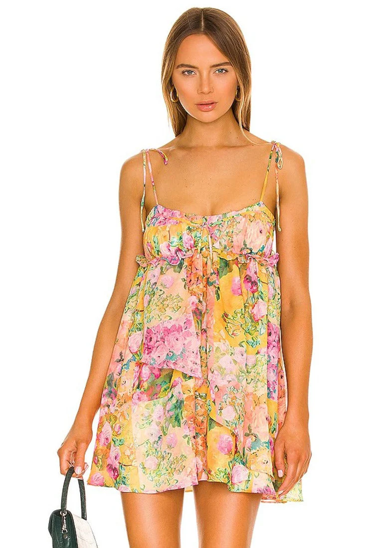 Printed Lace-Up Short Ruffle Dress